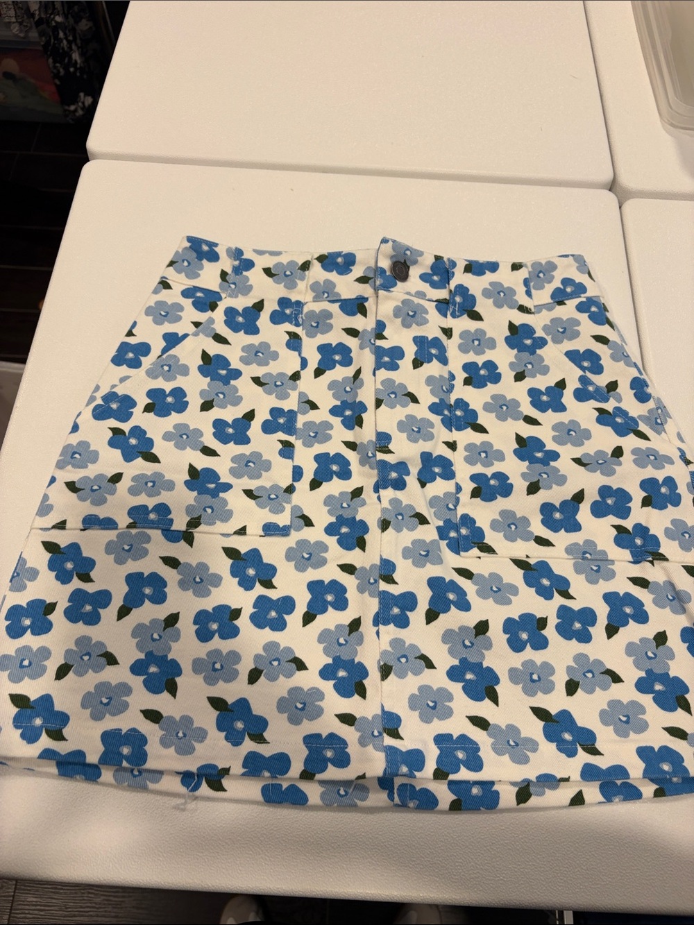 Blue Floral Mini Skirt with Front Pocket Detail - Women's